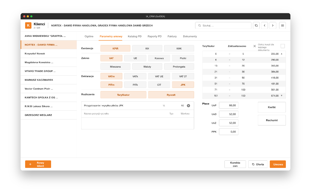 Client database and fee calculation — rate cards and retainers