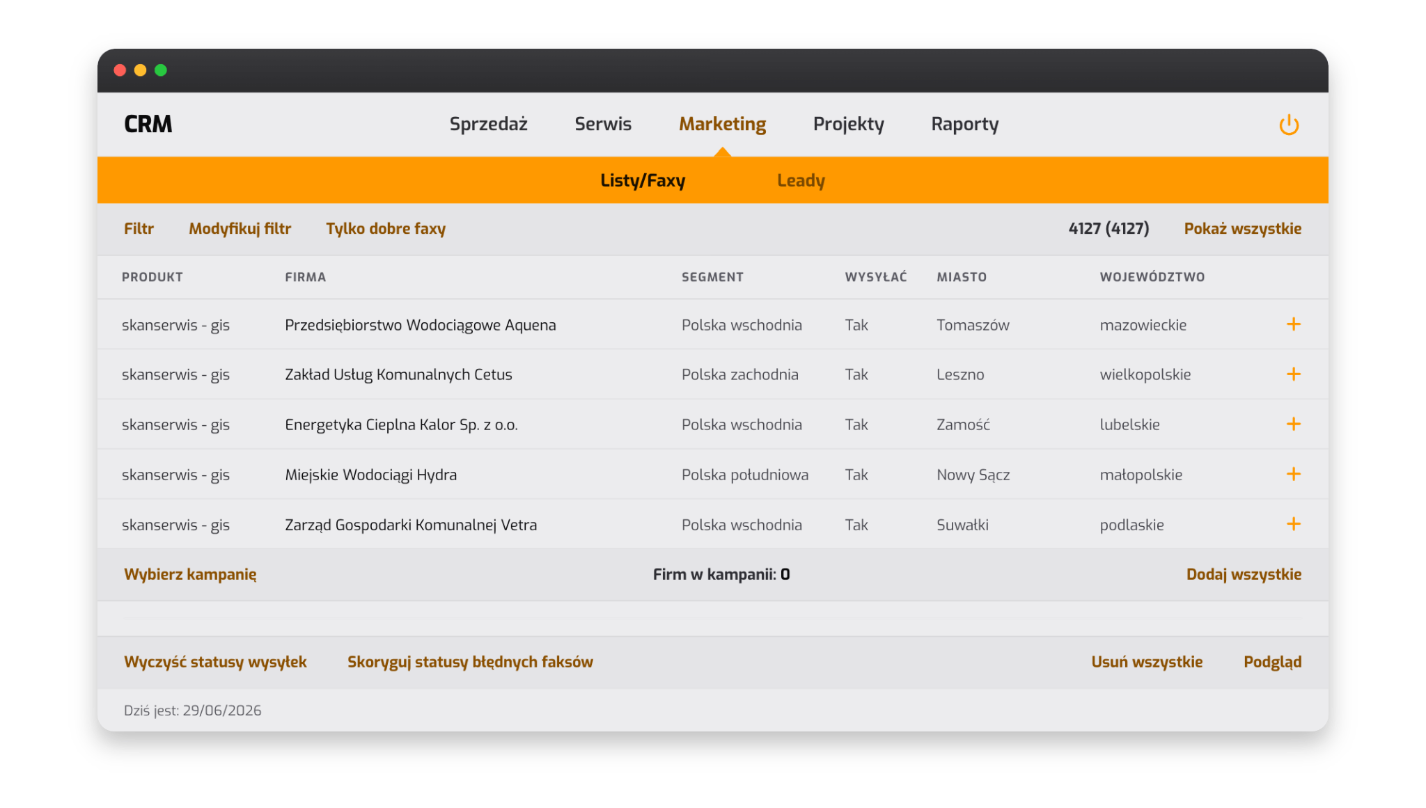 Campaign module: list of companies in the campaign with segment, delivery status and region