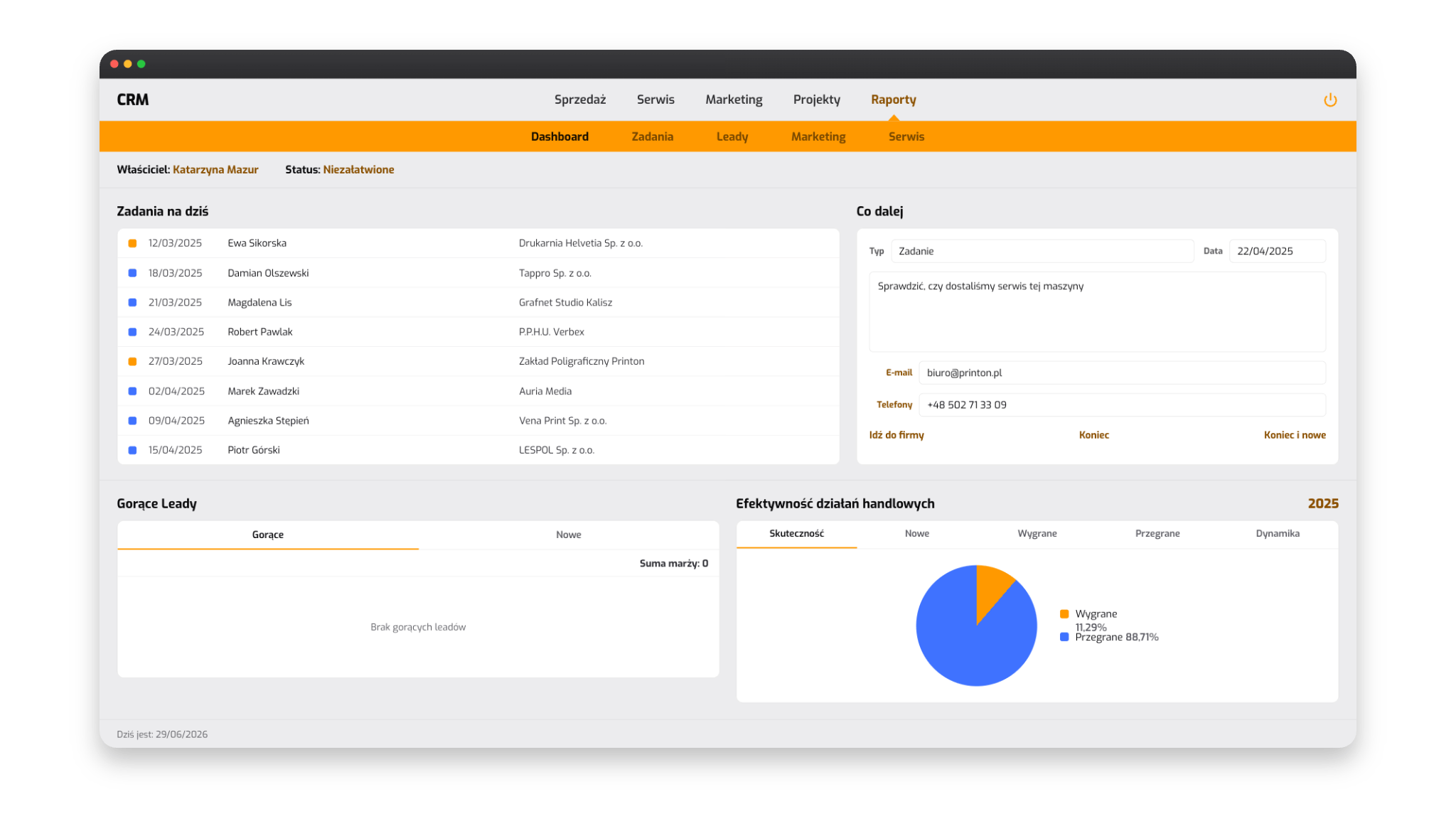 Sales dashboard: today's tasks, hot opportunities and a performance chart