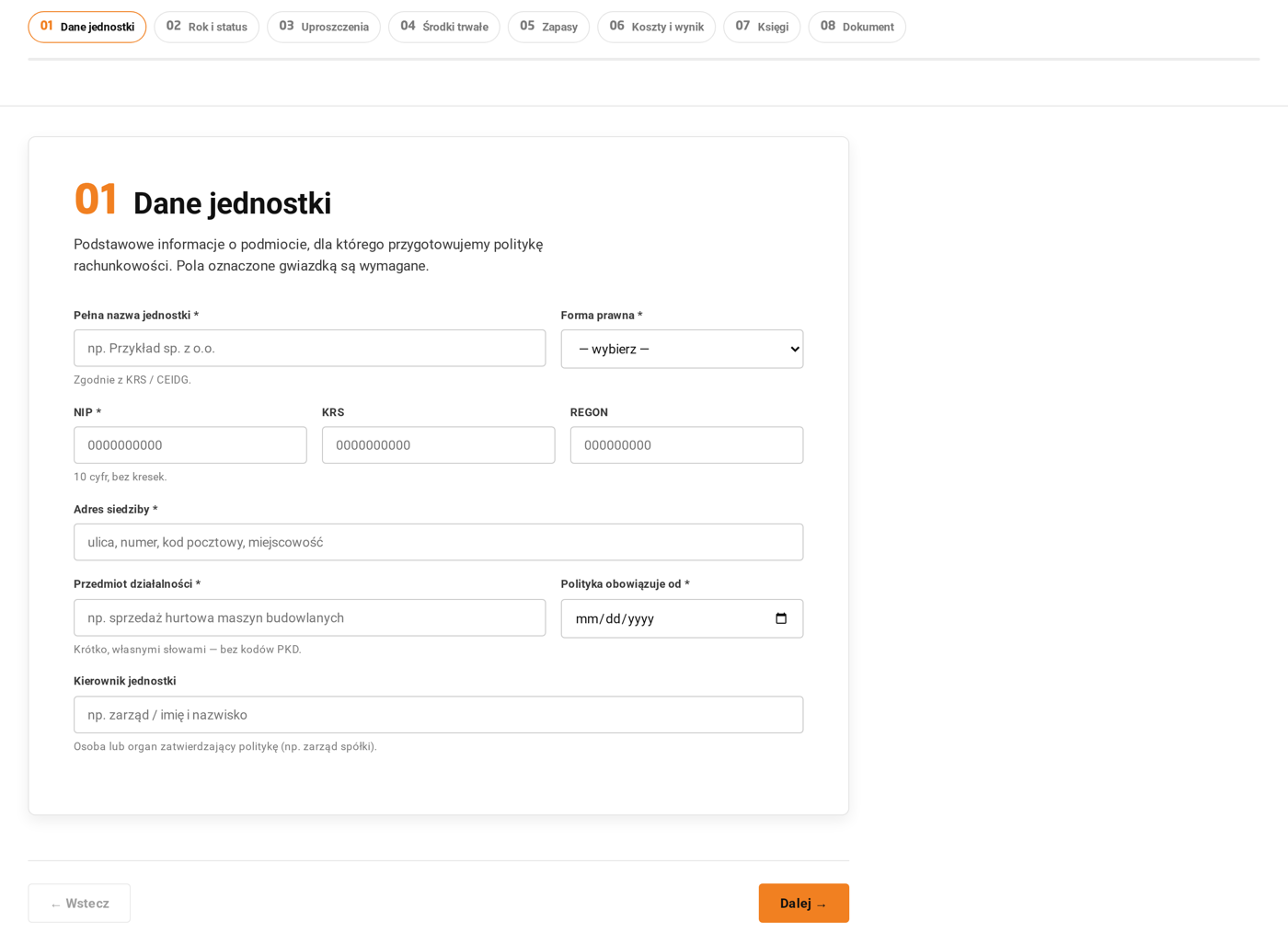 Generator polityki rachunkowości - interfejs aplikacji, osiem kroków